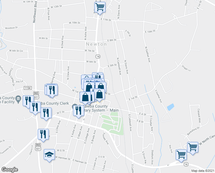 map of restaurants, bars, coffee shops, grocery stores, and more near 312 East 3rd Street in Newton