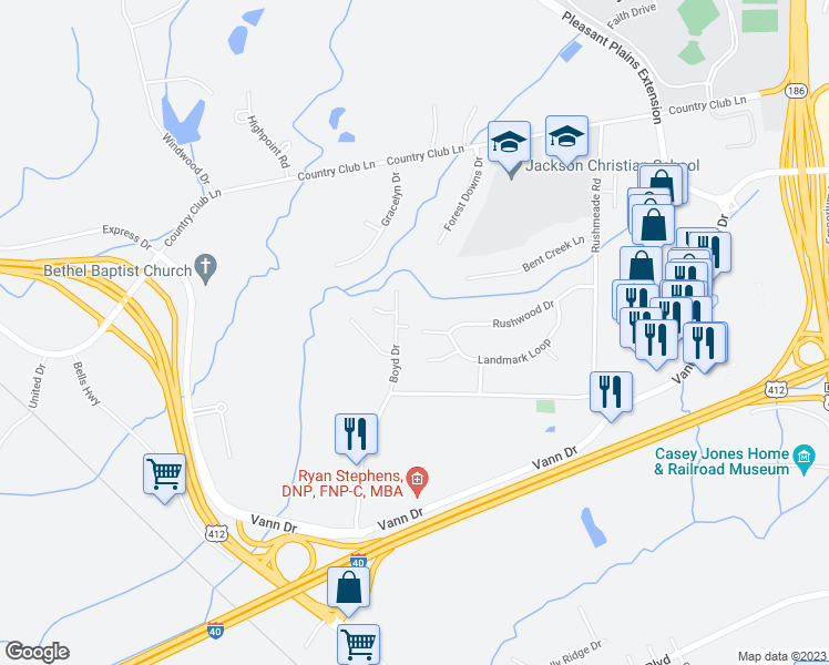 map of restaurants, bars, coffee shops, grocery stores, and more near 210 Rushwood Drive in Jackson
