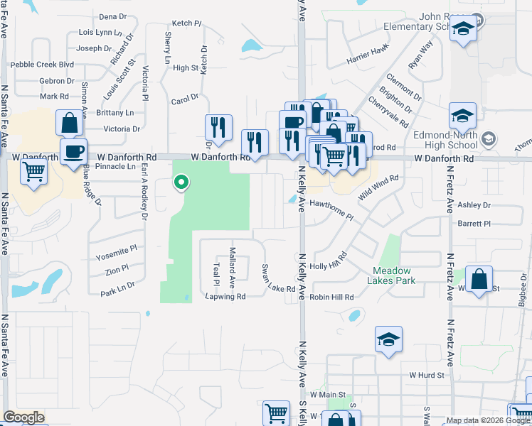 map of restaurants, bars, coffee shops, grocery stores, and more near 1019 Swan Lake Court in Edmond