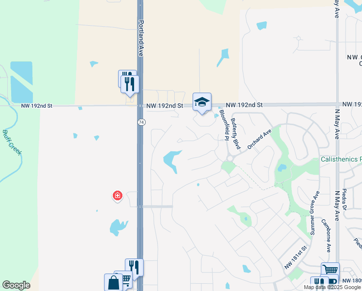 map of restaurants, bars, coffee shops, grocery stores, and more near 3424 Northwest 189th Street in Edmond