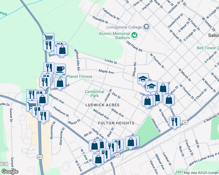 map of restaurants, bars, coffee shops, grocery stores, and more near 823 Lincolnton Road in Salisbury