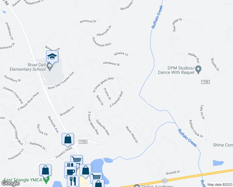 map of restaurants, bars, coffee shops, grocery stores, and more near 733 River Dell Townes Avenue in Clayton