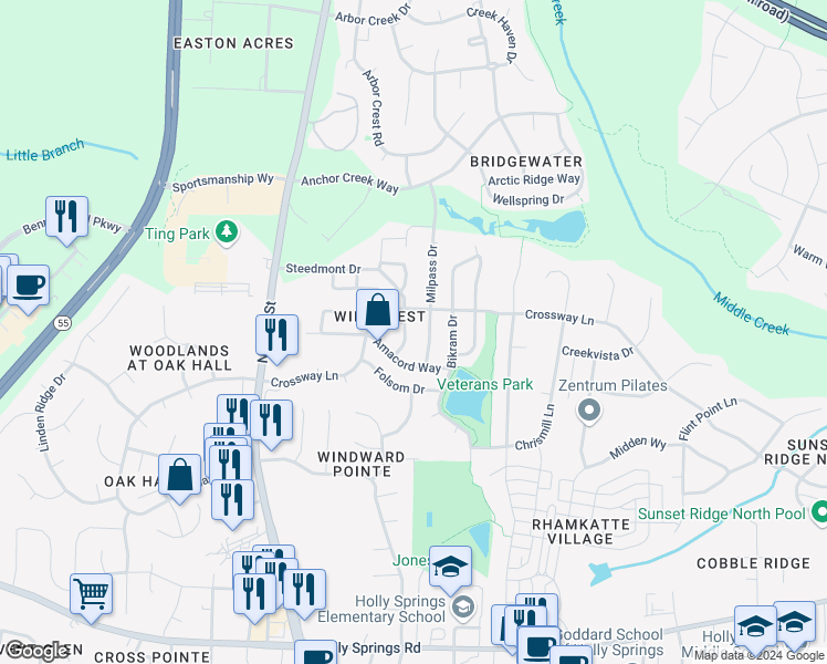map of restaurants, bars, coffee shops, grocery stores, and more near 616 Steedmont Drive in Holly Springs