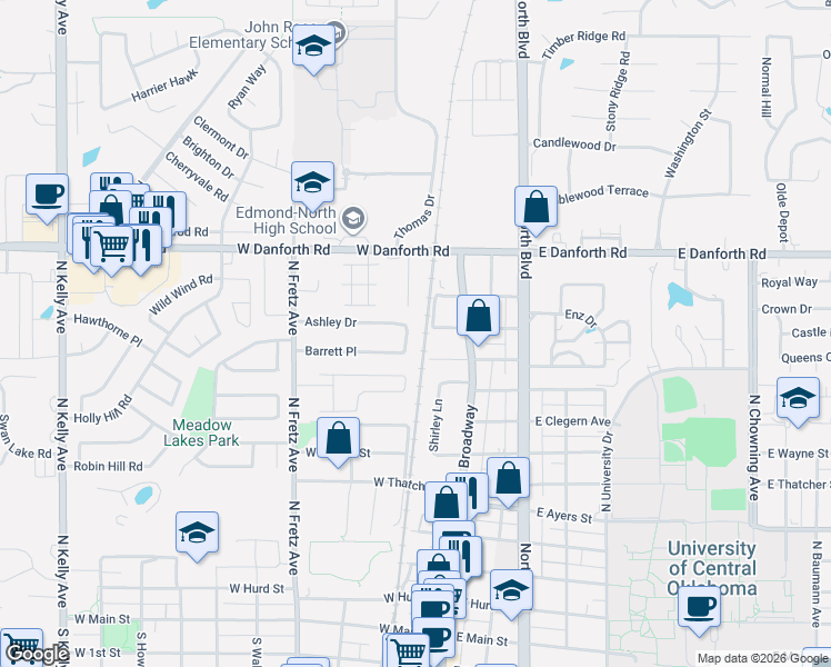map of restaurants, bars, coffee shops, grocery stores, and more near 100 West Danforth Road in Edmond