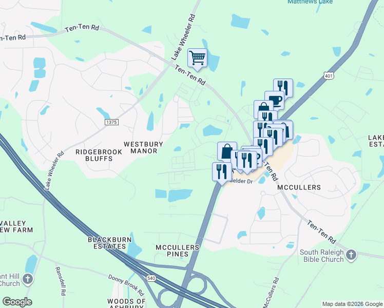 map of restaurants, bars, coffee shops, grocery stores, and more near 4814 Trikala Avenue in Raleigh