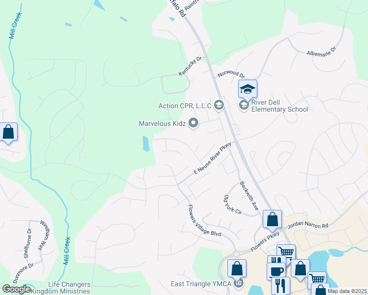 map of restaurants, bars, coffee shops, grocery stores, and more near 141 Flowers Crest Way in Clayton