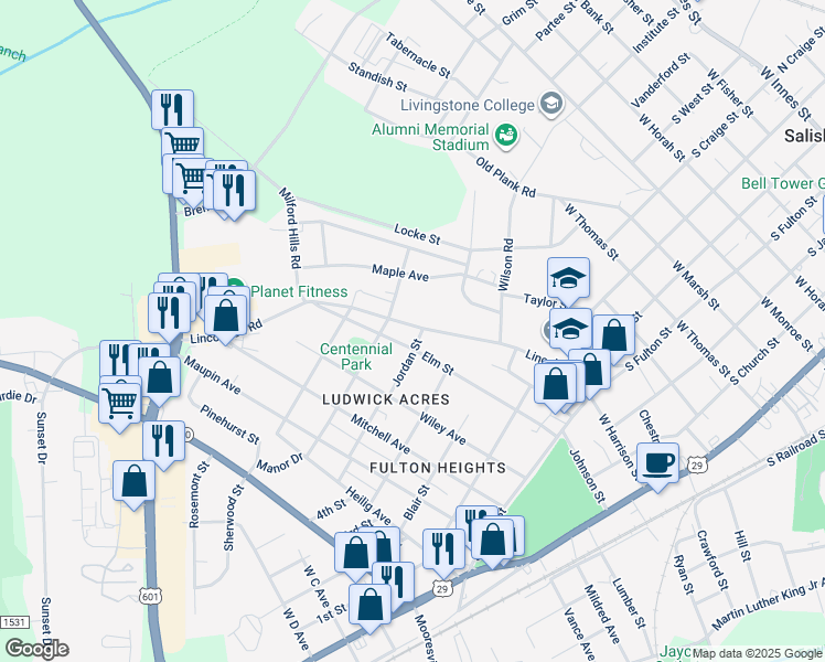 map of restaurants, bars, coffee shops, grocery stores, and more near 823 Lincolnton Road in Salisbury