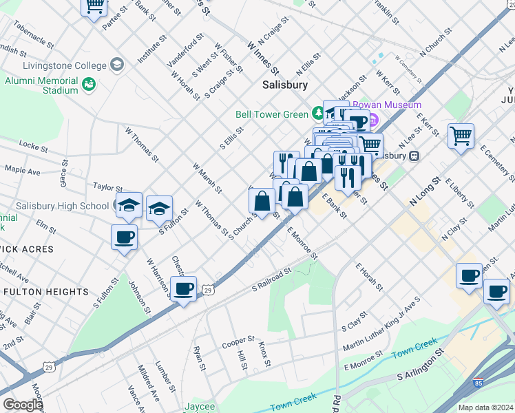 map of restaurants, bars, coffee shops, grocery stores, and more near 506 South Church Street in Salisbury