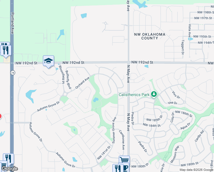 map of restaurants, bars, coffee shops, grocery stores, and more near 19121 Pinehurst Trail Drive in Edmond