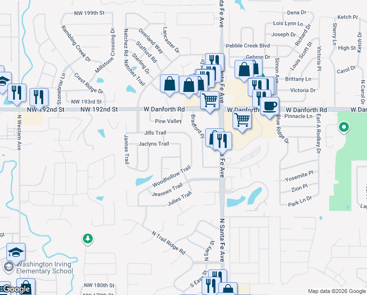 map of restaurants, bars, coffee shops, grocery stores, and more near 2600 Jills Trail in Edmond