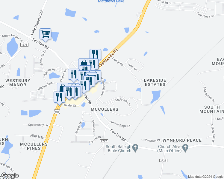 map of restaurants, bars, coffee shops, grocery stores, and more near 400 Gentle Stream Lane in Raleigh