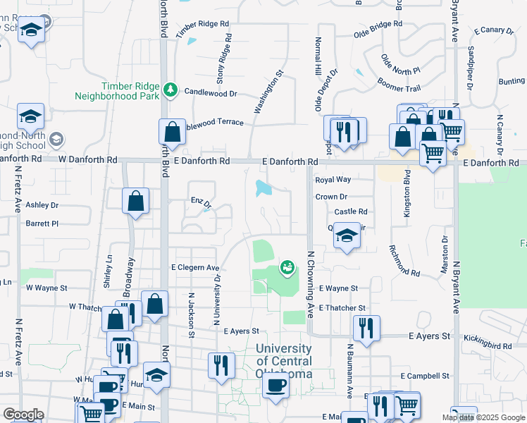 map of restaurants, bars, coffee shops, grocery stores, and more near 710 Churchill Road in Edmond