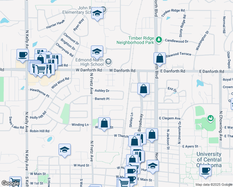 map of restaurants, bars, coffee shops, grocery stores, and more near 115 Ashley Drive in Edmond