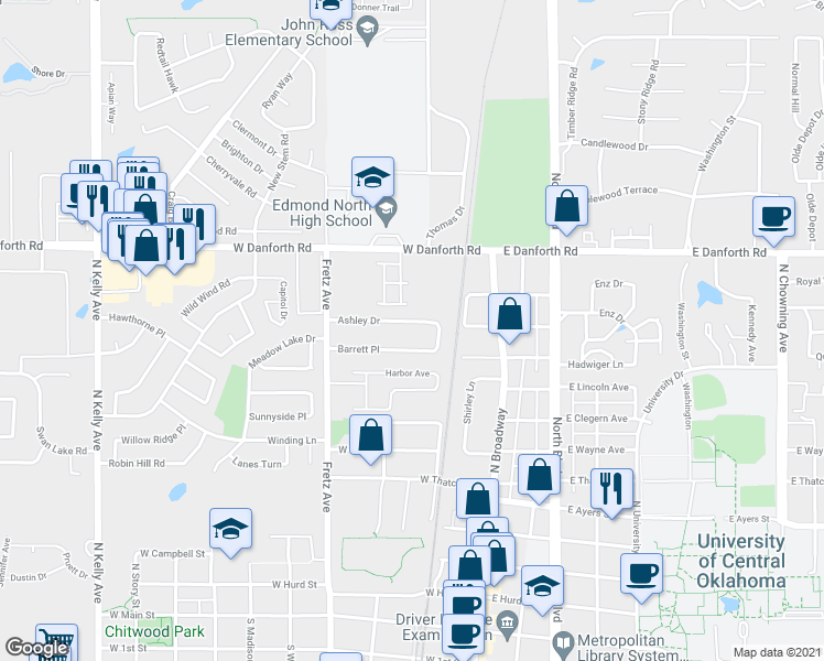 map of restaurants, bars, coffee shops, grocery stores, and more near 115 Ashley Drive in Edmond
