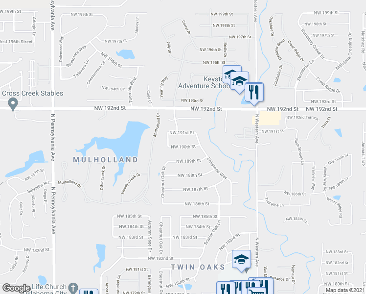map of restaurants, bars, coffee shops, grocery stores, and more near Northwest 190th Street in Edmond