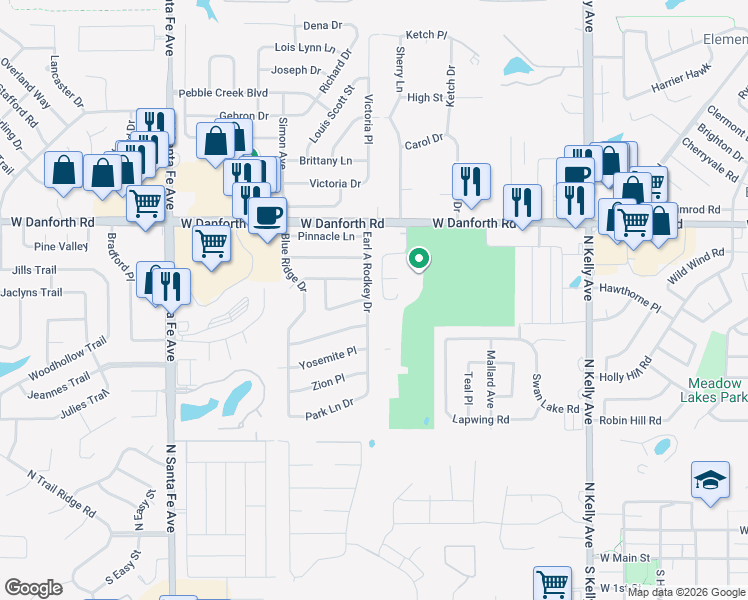 map of restaurants, bars, coffee shops, grocery stores, and more near 1000 Earl A Rodkey Drive in Edmond