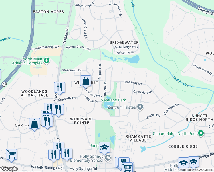 map of restaurants, bars, coffee shops, grocery stores, and more near 213 Bikram Drive in Holly Springs