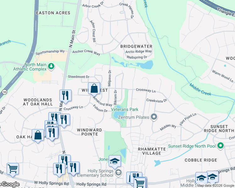 map of restaurants, bars, coffee shops, grocery stores, and more near 145 Bikram Drive in Holly Springs