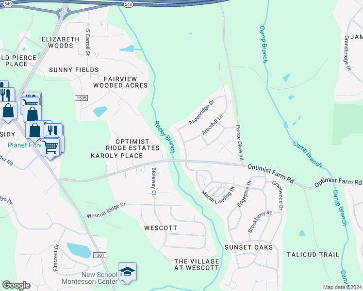 map of restaurants, bars, coffee shops, grocery stores, and more near 112 Roseberry Way in Holly Springs