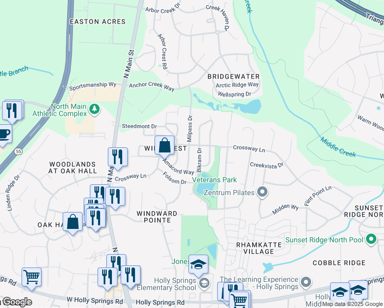 map of restaurants, bars, coffee shops, grocery stores, and more near 201 Milpass Drive in Holly Springs