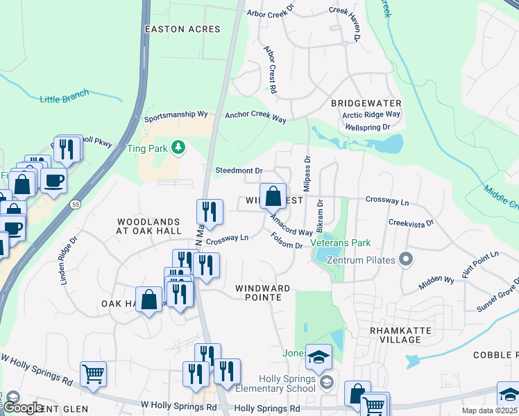 map of restaurants, bars, coffee shops, grocery stores, and more near 325 Palmdale Court in Holly Springs