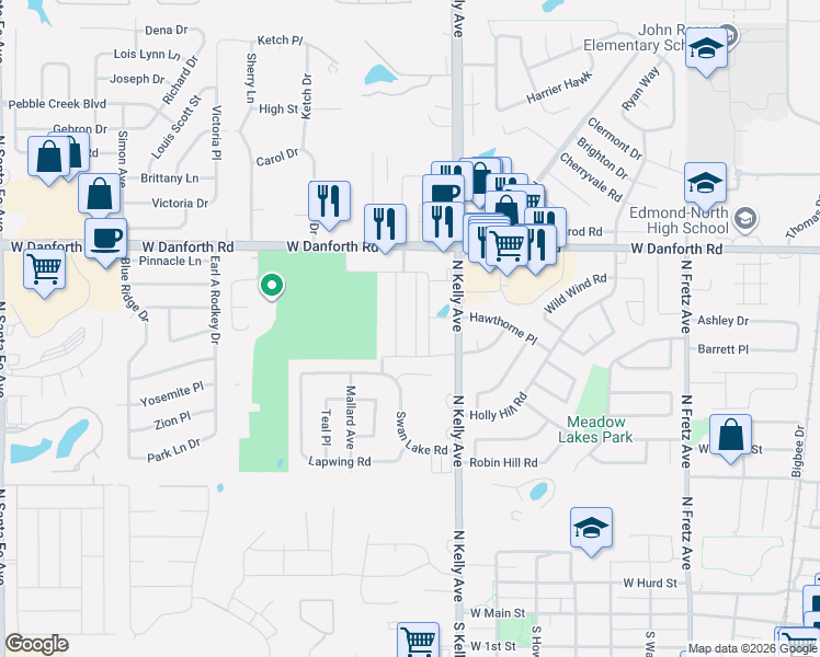 map of restaurants, bars, coffee shops, grocery stores, and more near 1107 Swan Lake Rd in Edmond