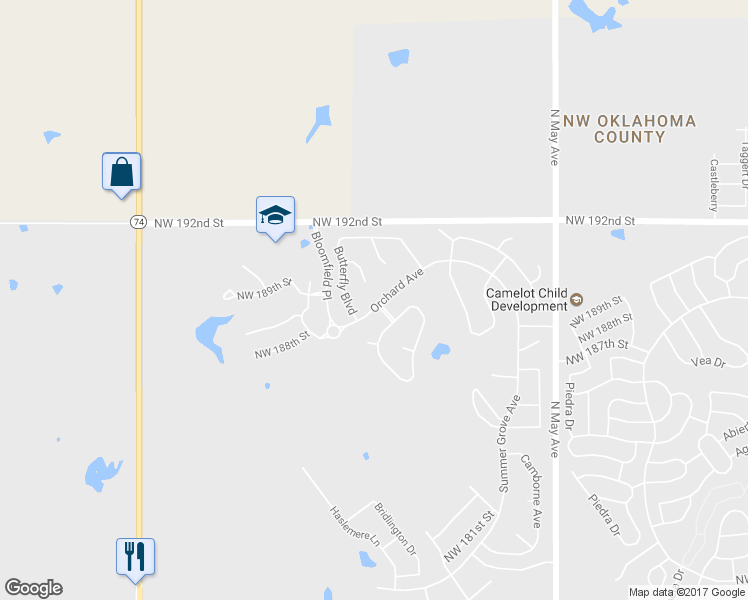 map of restaurants, bars, coffee shops, grocery stores, and more near 3233 Orchard Avenue in Edmond