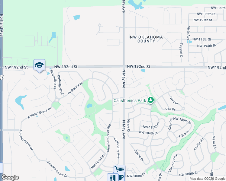 map of restaurants, bars, coffee shops, grocery stores, and more near 19104 Summer Grove Avenue in Edmond