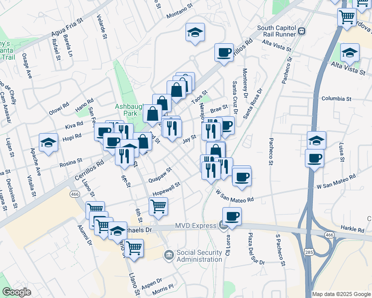 map of restaurants, bars, coffee shops, grocery stores, and more near 1711 Jay Street in Santa Fe