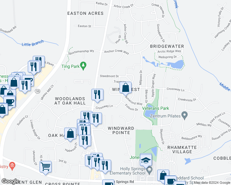 map of restaurants, bars, coffee shops, grocery stores, and more near 309 Palmdale Court in Holly Springs