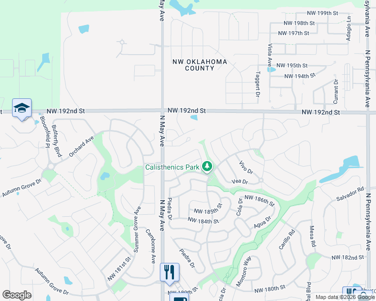 map of restaurants, bars, coffee shops, grocery stores, and more near 2713 Northwest 189th Street in Edmond