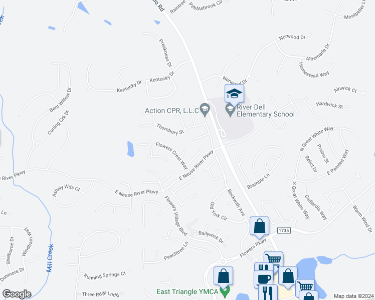map of restaurants, bars, coffee shops, grocery stores, and more near 50 Wales Drive in Clayton