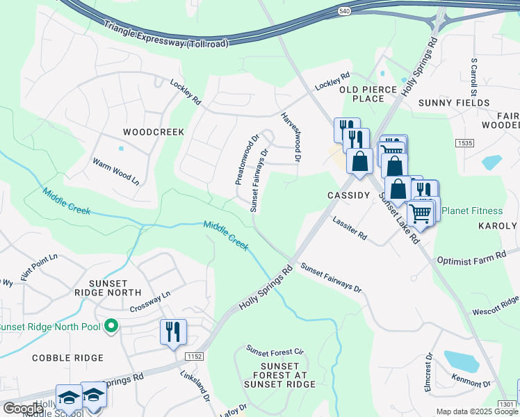 map of restaurants, bars, coffee shops, grocery stores, and more near 4905 Sunset Fairways Drive in Apex