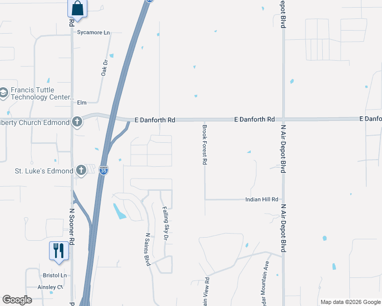 map of restaurants, bars, coffee shops, grocery stores, and more near 1001 Brook Forest Road in Edmond