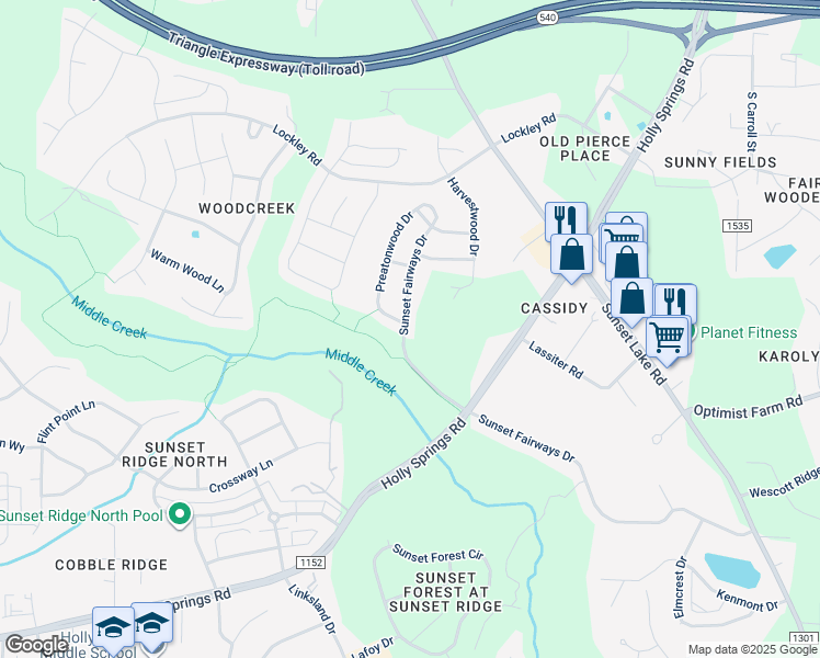 map of restaurants, bars, coffee shops, grocery stores, and more near 4905 Sunset Fairways Drive in Apex