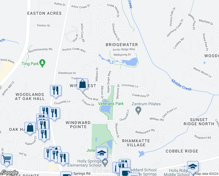 map of restaurants, bars, coffee shops, grocery stores, and more near 309 Apple Drupe Way in Holly Springs