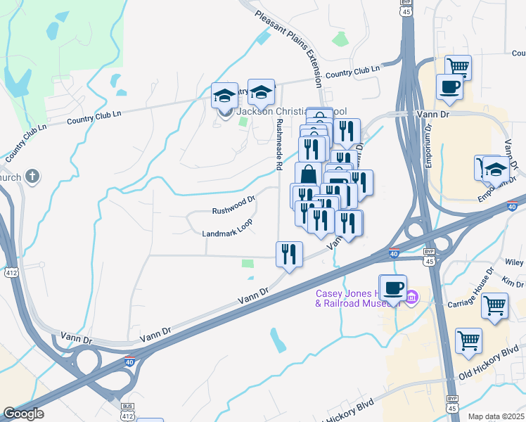 map of restaurants, bars, coffee shops, grocery stores, and more near 38 Landmark Loop in Jackson