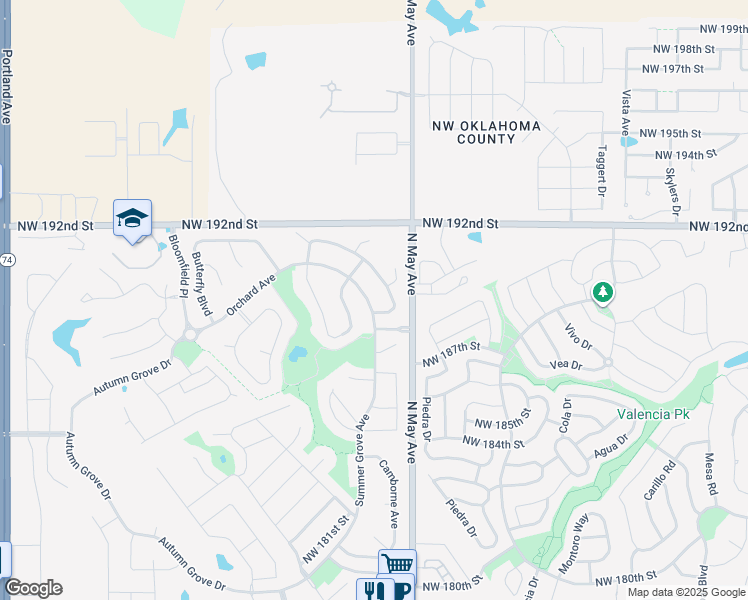 map of restaurants, bars, coffee shops, grocery stores, and more near 19108 Summer Grove Avenue in Edmond