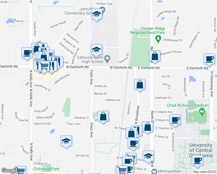 map of restaurants, bars, coffee shops, grocery stores, and more near 200 Ashley Drive in Edmond