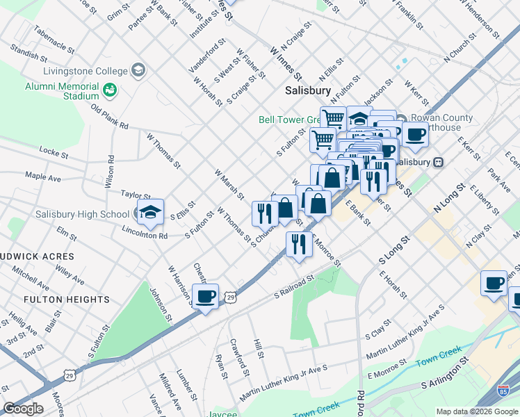 map of restaurants, bars, coffee shops, grocery stores, and more near 227 West Monroe Street in Salisbury