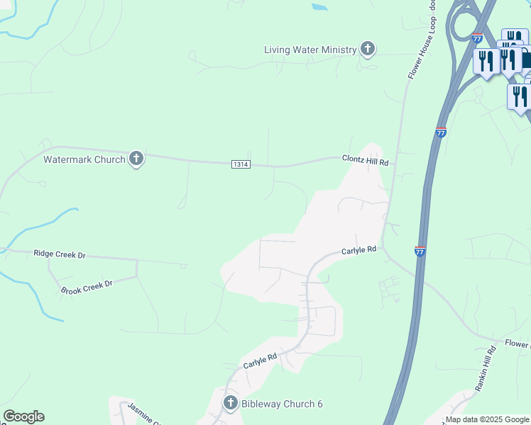 map of restaurants, bars, coffee shops, grocery stores, and more near 133 Stately Pines Drive in Troutman