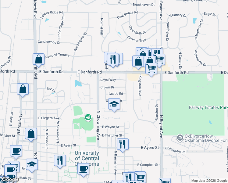 map of restaurants, bars, coffee shops, grocery stores, and more near 928 Crown Drive in Edmond