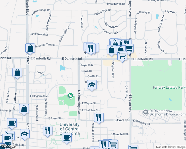 map of restaurants, bars, coffee shops, grocery stores, and more near 928 Crown Drive in Edmond