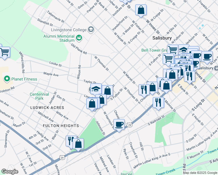 map of restaurants, bars, coffee shops, grocery stores, and more near 521 West McCubbins Street in Salisbury
