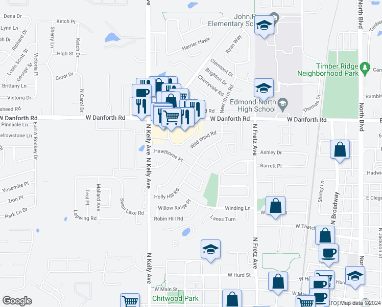 map of restaurants, bars, coffee shops, grocery stores, and more near 530 Wild Wind Road in Edmond