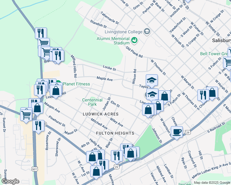 map of restaurants, bars, coffee shops, grocery stores, and more near 816 Lincolnton Road in Salisbury