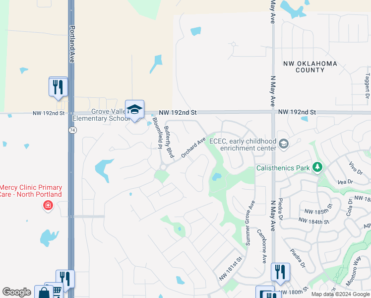 map of restaurants, bars, coffee shops, grocery stores, and more near 3229 Orchard Avenue in Edmond