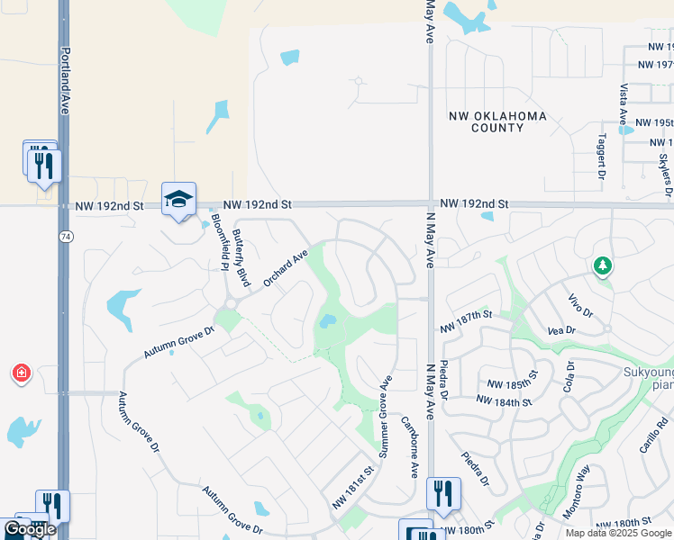 map of restaurants, bars, coffee shops, grocery stores, and more near 19109 Meadows Crossing Drive in Edmond