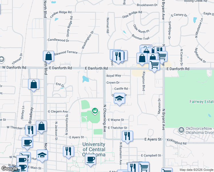 map of restaurants, bars, coffee shops, grocery stores, and more near 903 Crown Drive in Edmond