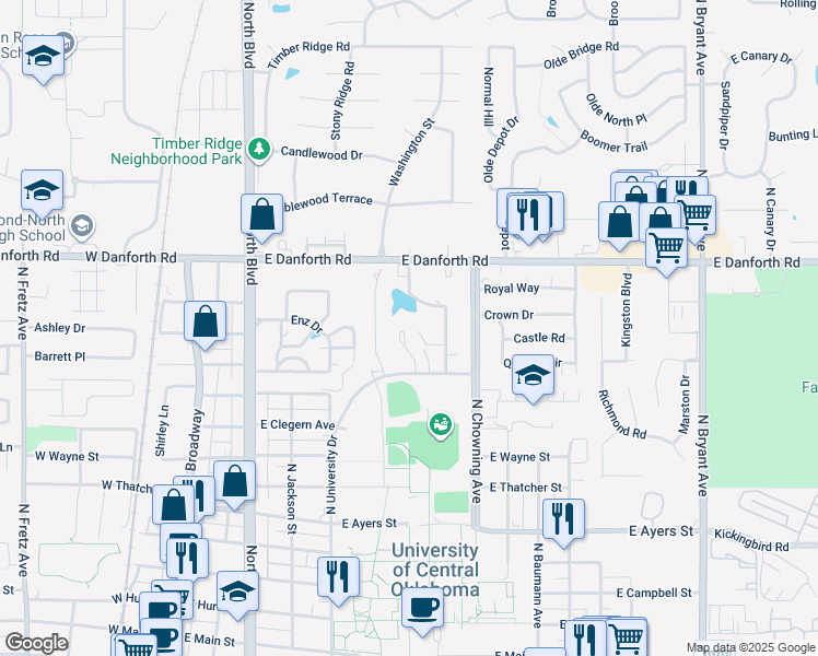 map of restaurants, bars, coffee shops, grocery stores, and more near 710 Churchill Road in Edmond